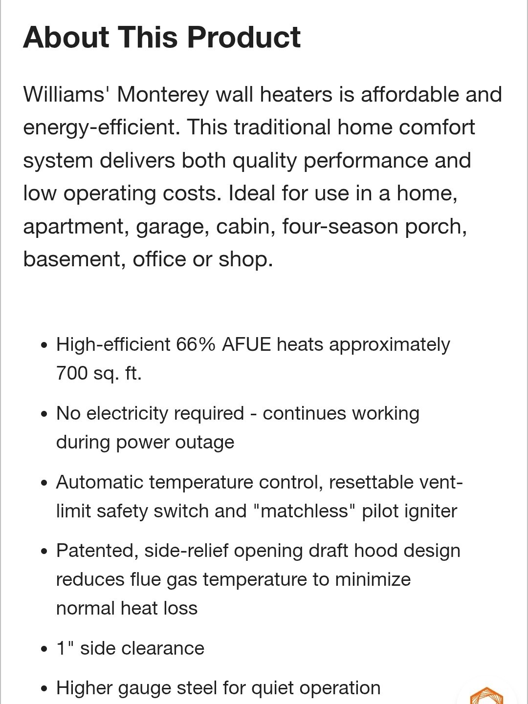 ✨️ Williams Monterey Top-Vent Wall Heater 35,000 BTUH, 66% AFUE, Natural Gas