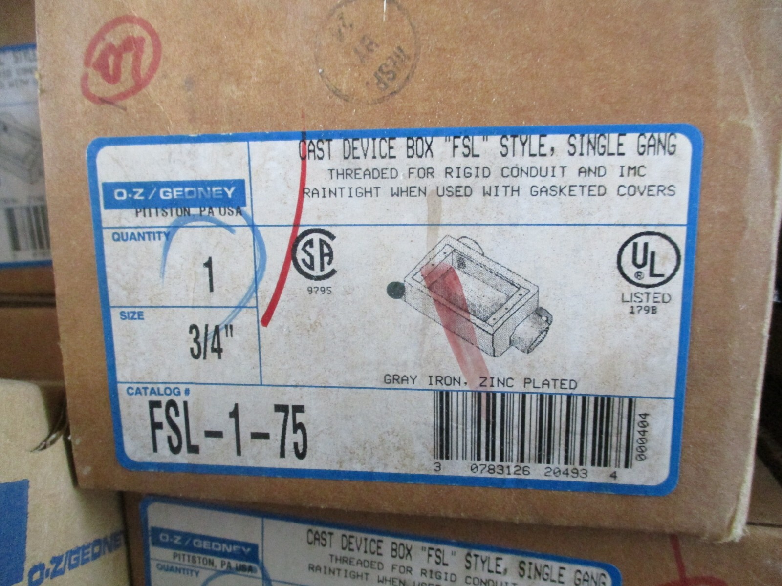 OZ Gedney FS box, CHOOSE Right or Left, FSR-1-75 OR FSL-1-75. 2 each type avail