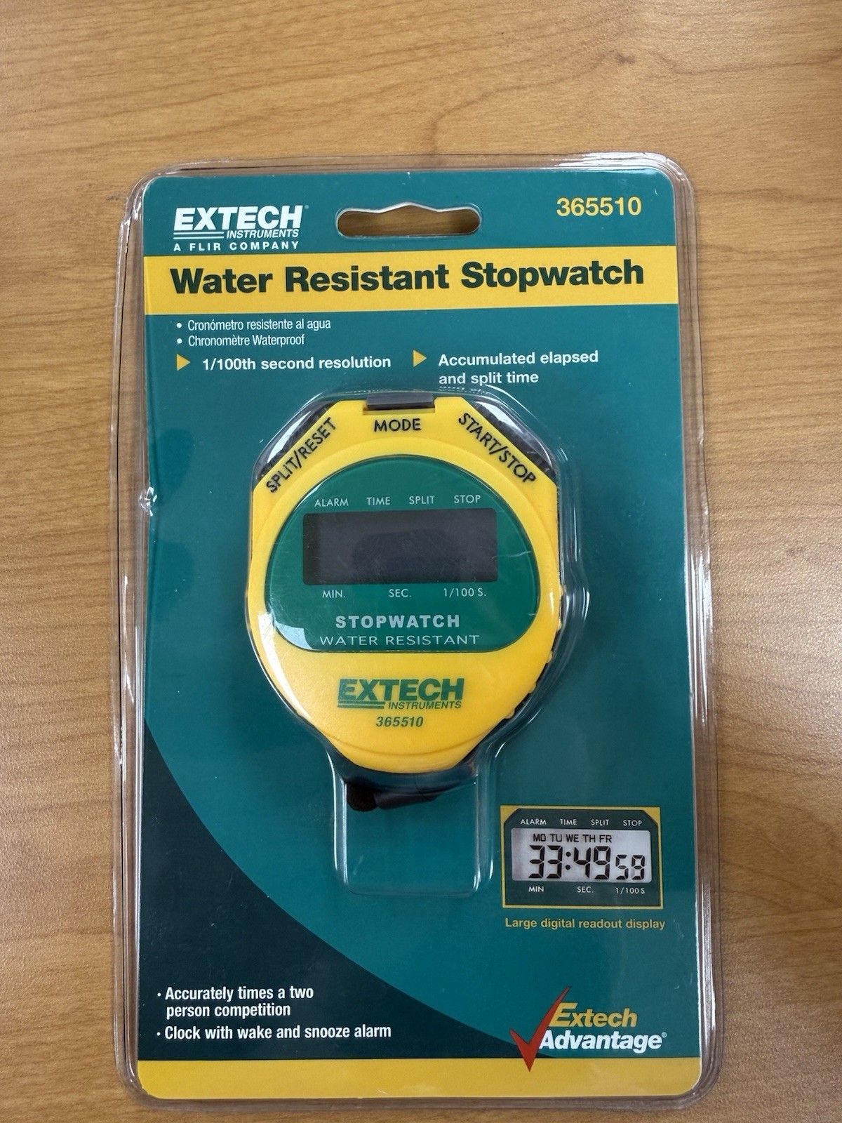 Extech 365510 Water Resistant Yellow Stopwatch with Timer & Clock NOS