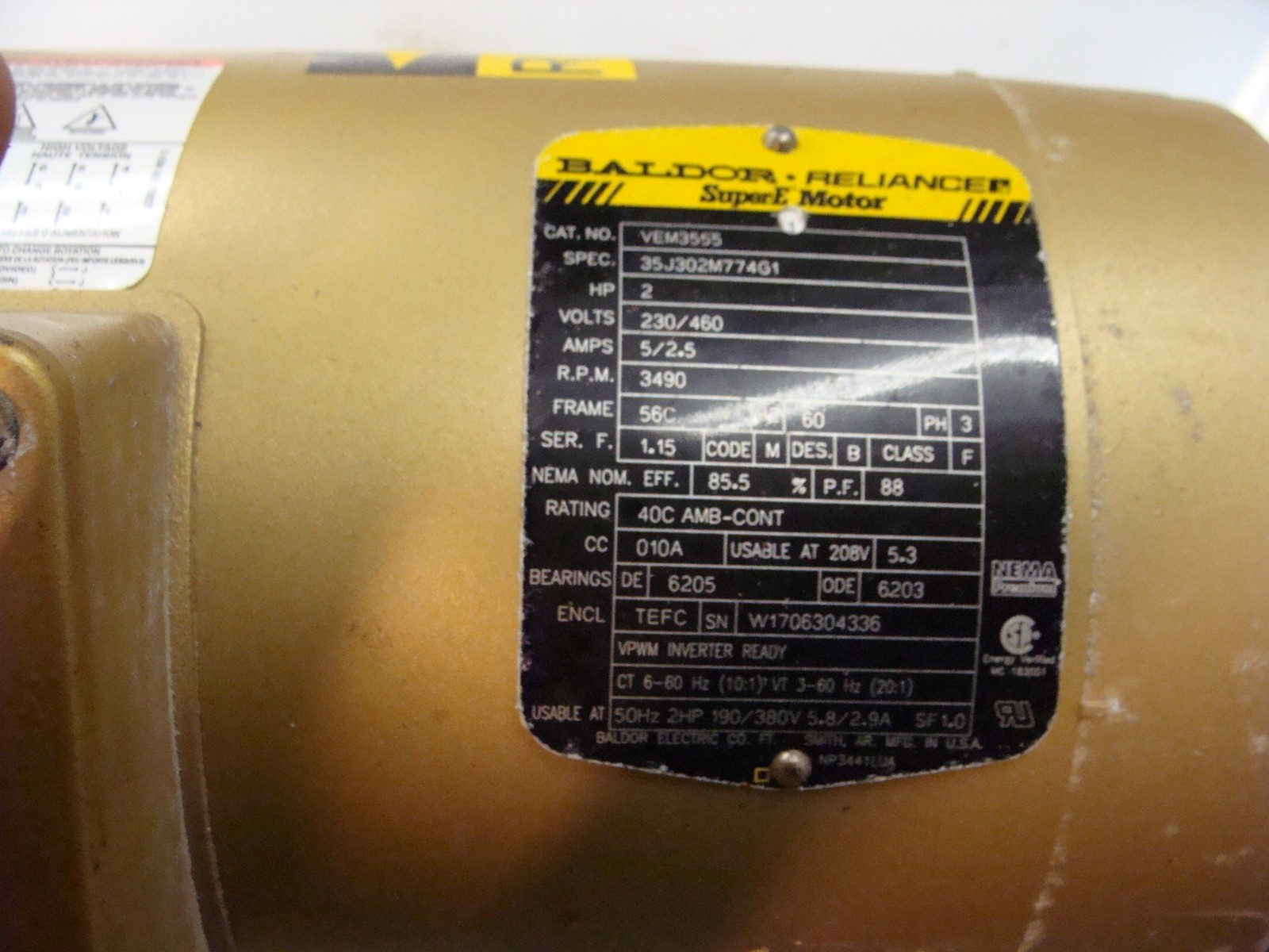 BALDOR RELIANCE SUPER E MOTOR VEM3555 2HP 230/460V 5/2.5A 3490RPM 3PH