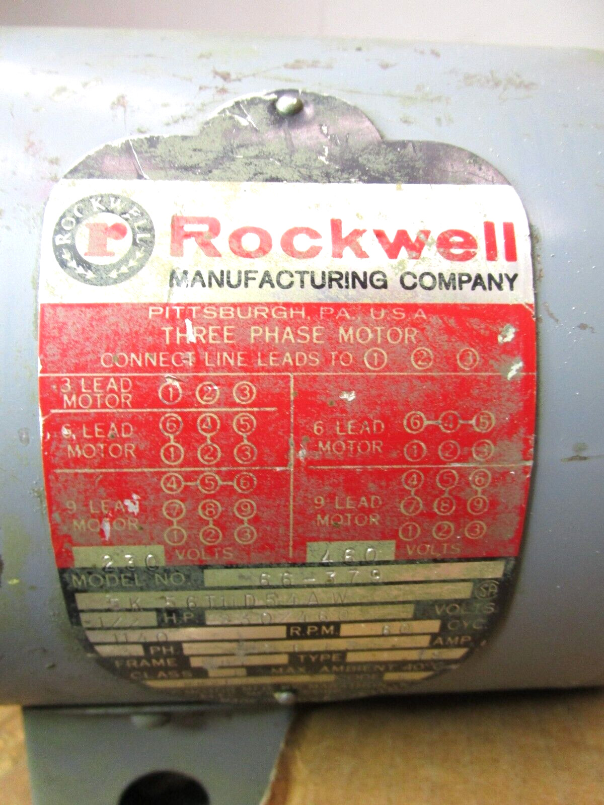 Rockwell 66-379 Electric Motor 1/2 HP 1140 RPM 230/460 Volts 51126LR