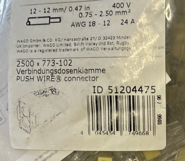 WAGO 773-102 PUSH WIRE Connector – PACK OF 50