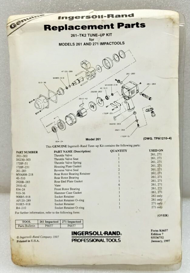 INGERSOLL RAND 261-TK2 W07M TUNE-UP KIT NEW FAST SHIPPING