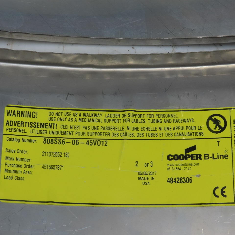 B-Line 808SS6-06-45VO12 Stainless Steel Outide 45° 6″W Cable Tray Cover Lot/2