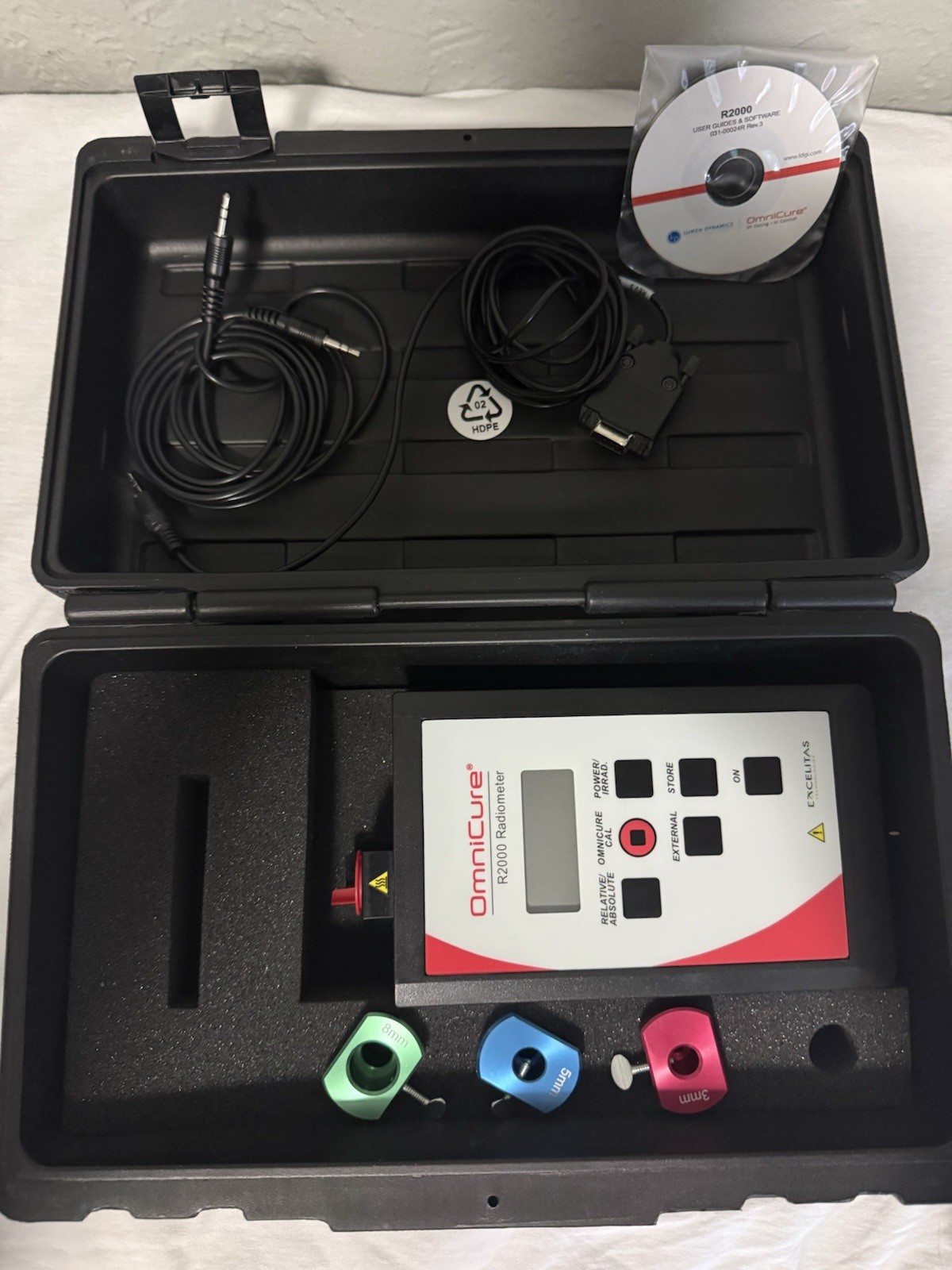 OmniCure R2000 Radiometer Excelitas W/ 8mm 5mm 3mm Adapters, Brand New Battery