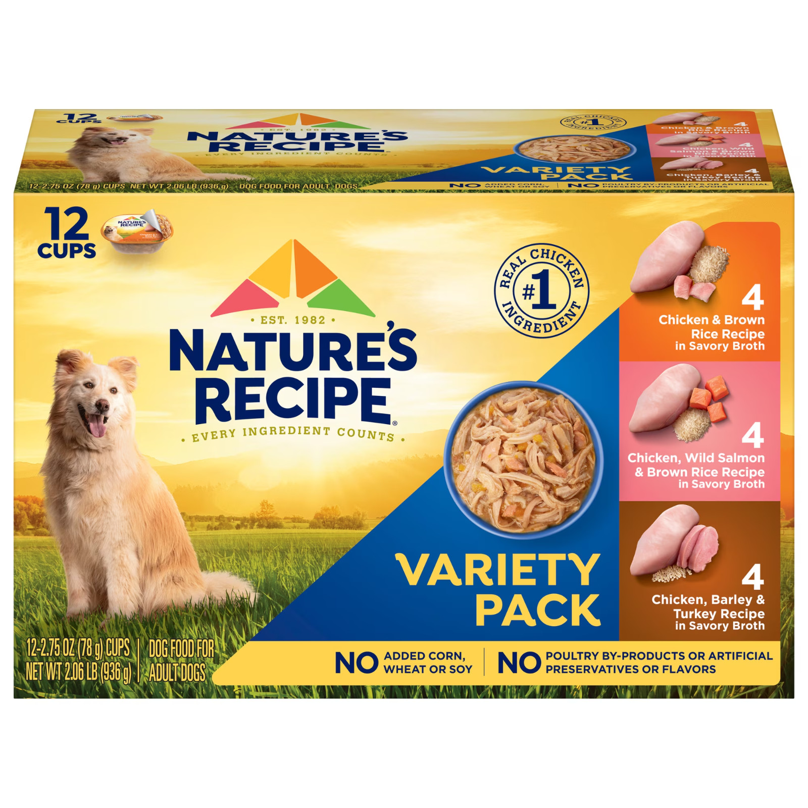 4 Pack Nature’s Recipe Chicken, Salmon & Turkey Wet Dog Food, 2.75 oz Cups 12Ct