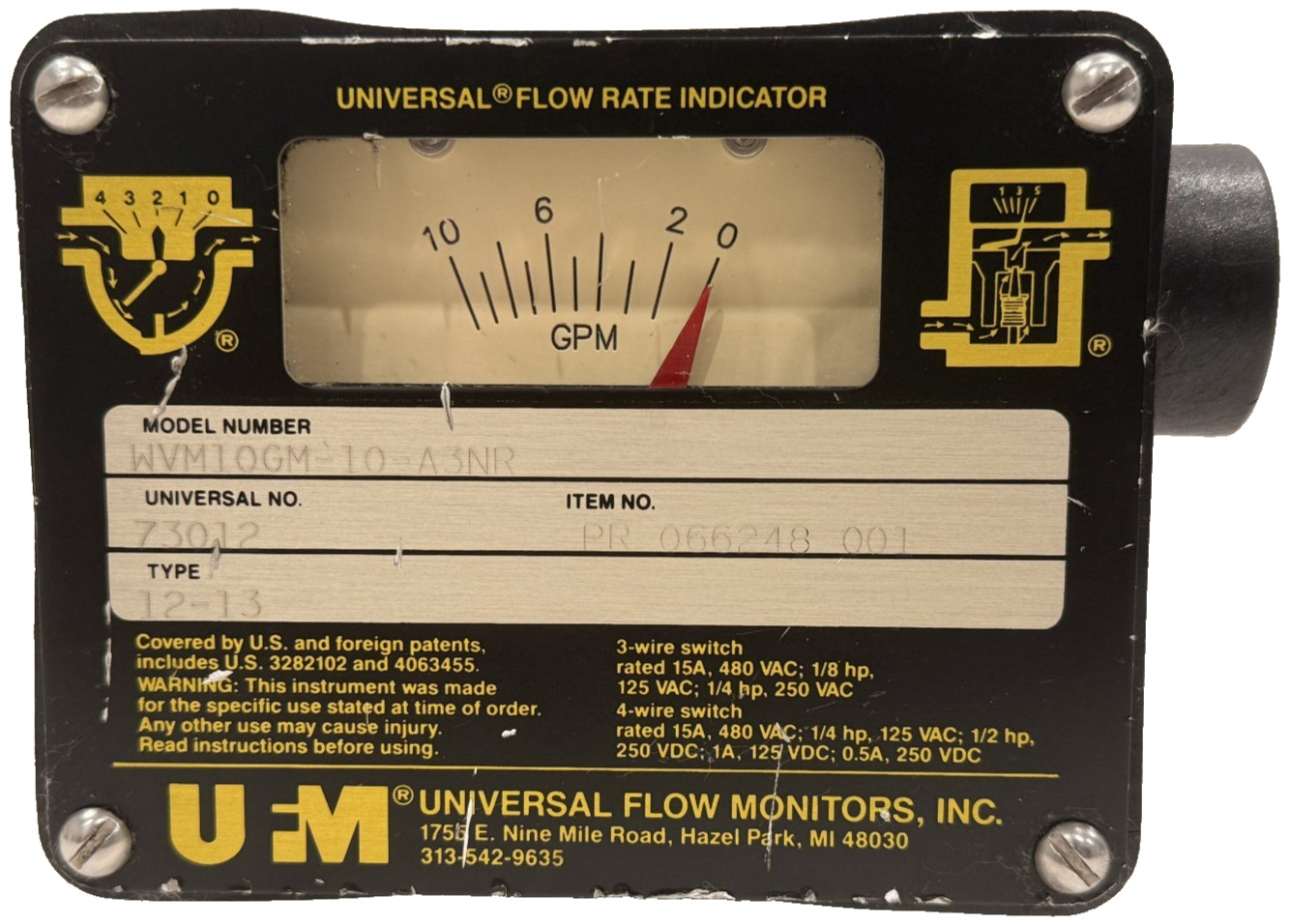 NEW UNIVERSAL FLOW MONITORS WVM10GM-10-A3NR FLOW RATE INDICATOR 73012 12-13 1″