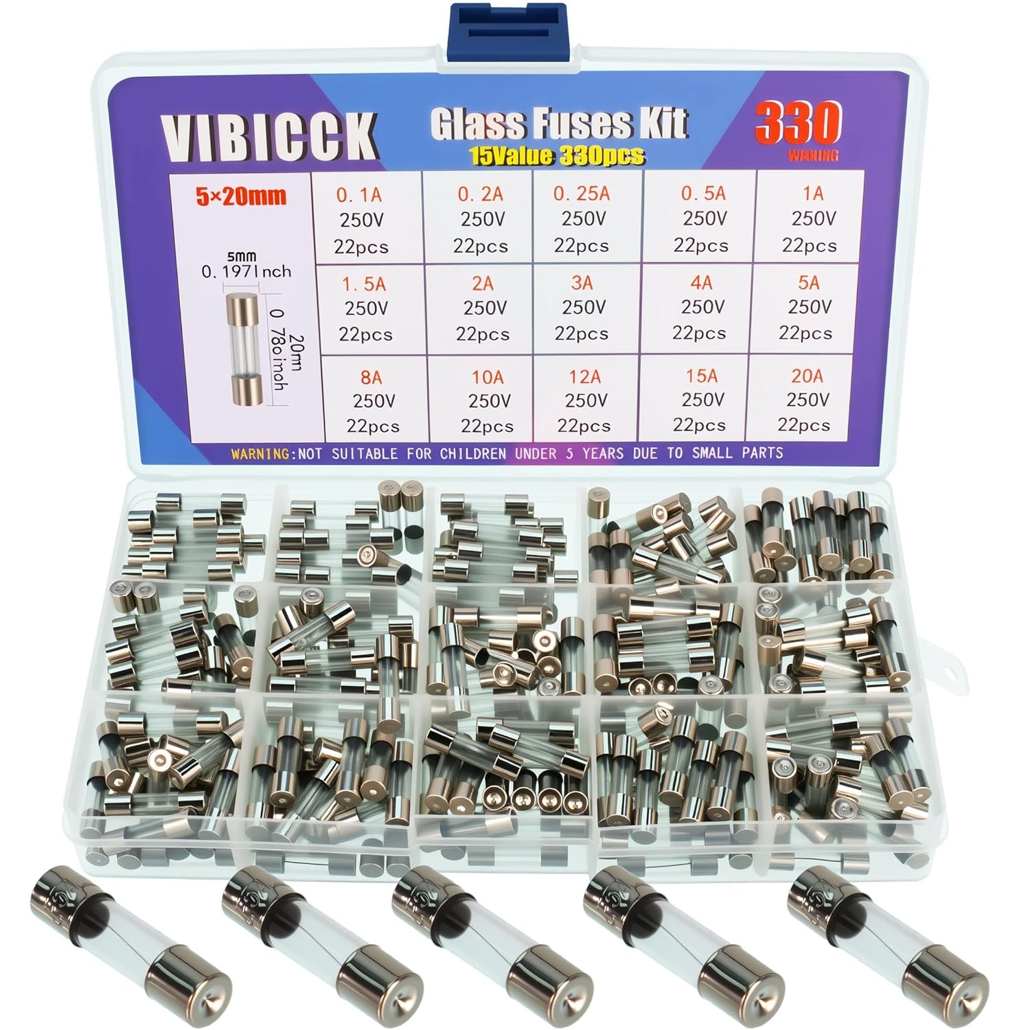 330Pcs 15Values Fast-Blow Glass Fuse Assortment Kit, 250V 0.1A/ 0.25A/ 0.2A/ 0.5