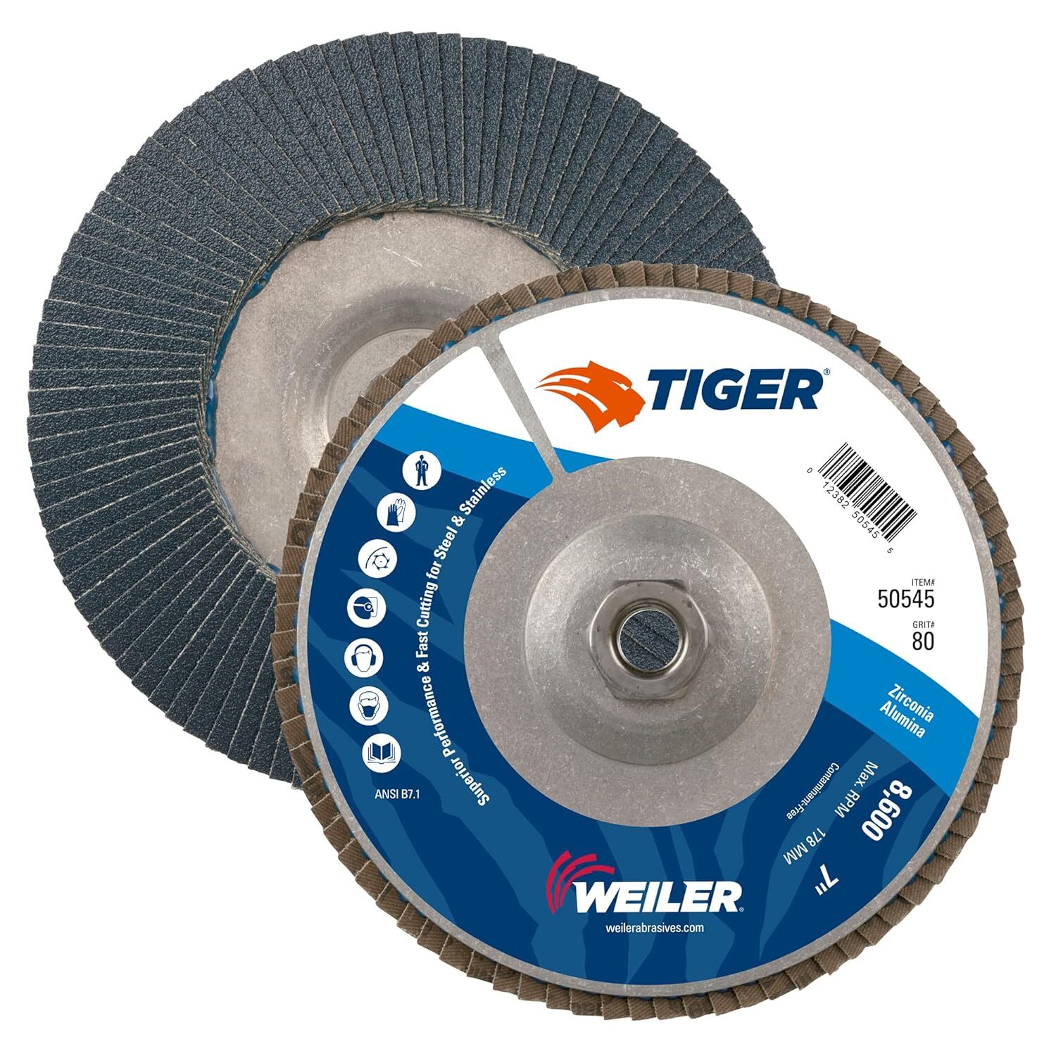 Weiler 50545 Tiger Disc Abrasive Flap Disc 80 Grit 7 Inch 5/8-11 UNC