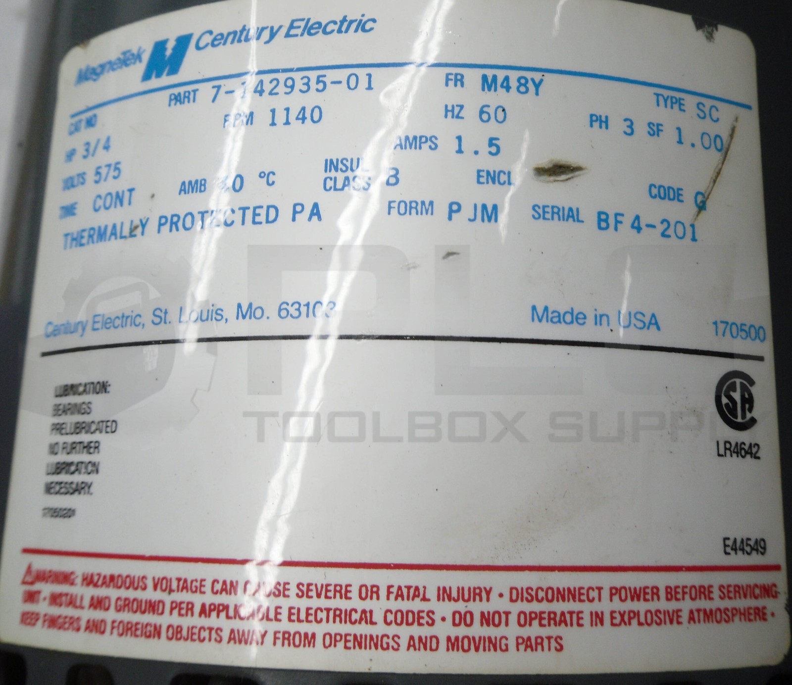 MAGNETEK 7-142935-01 CENTURY ELETRIC, 3/4 HP, 1140 RPM, 3PH, M48Y FRAME, 1.5A
