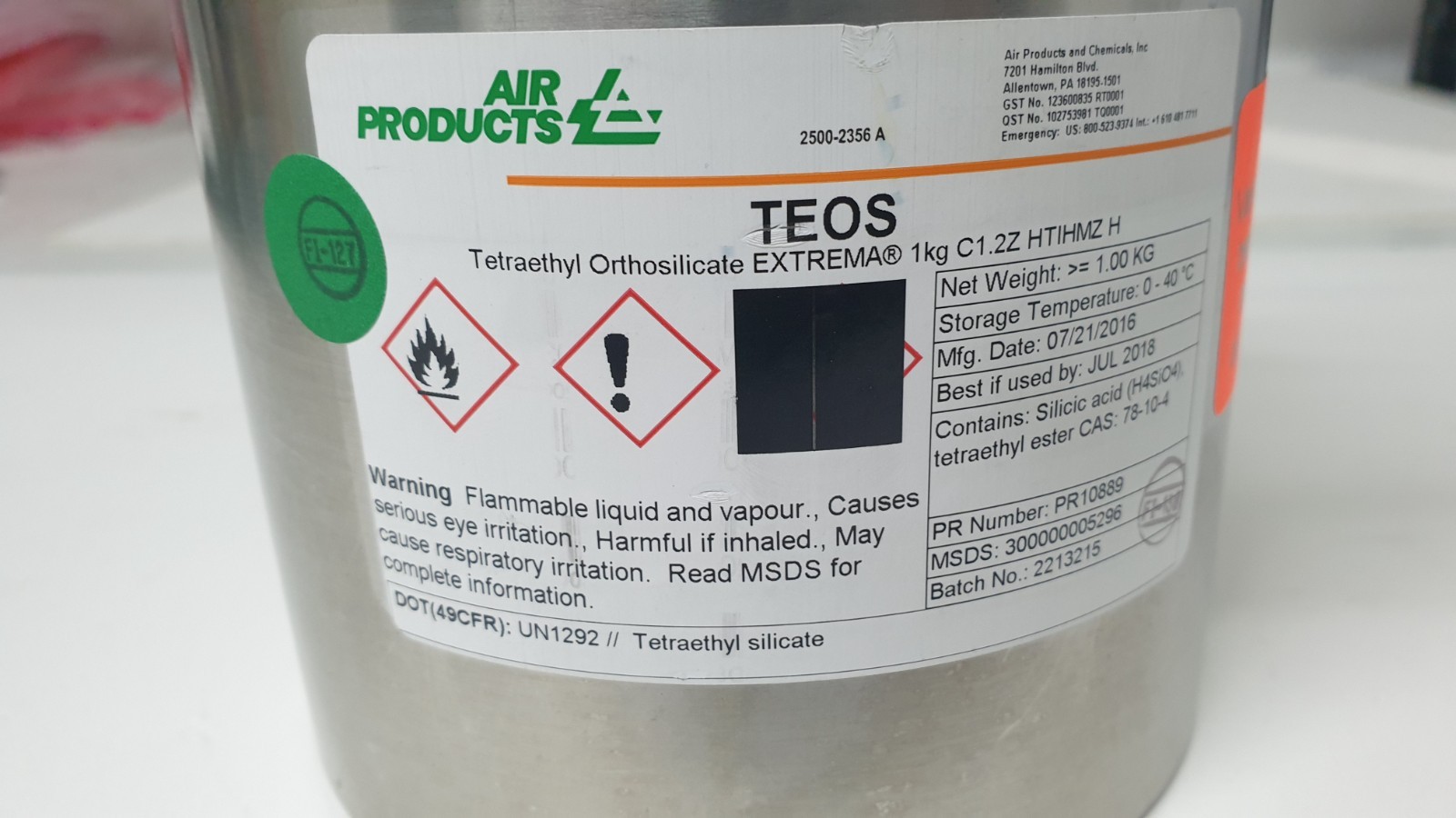 TEOS Cylinder – Schumacher BK1200SSU – Air Products / Versum – P/N: 2500-2356
