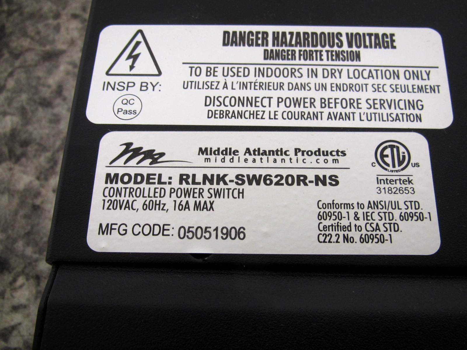 Middle Atlantic RLNK-SW620R-NS RackLink 20A Rackmount Controlled Power Switch