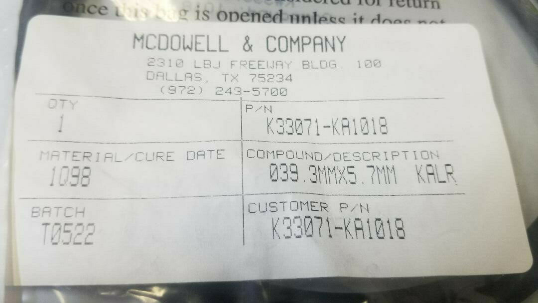 Kalrez O-ring K#33071 Compound 1018 K33071-KA1018 tested by High Tech Services