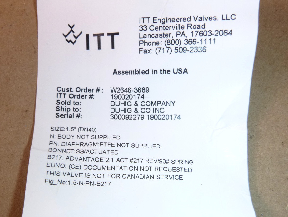 1-1/2″ ITT Pure-Flo Pneumatic Actuator 90psi B217 Part Number 1.5-N-PN-B217