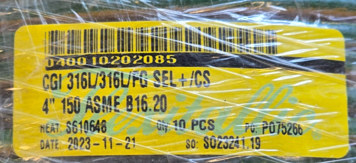 Flexitallic Spiral Wound Gasket 040030202085 CGI 316L/316L/FG SEL+/CS, 4″, #150