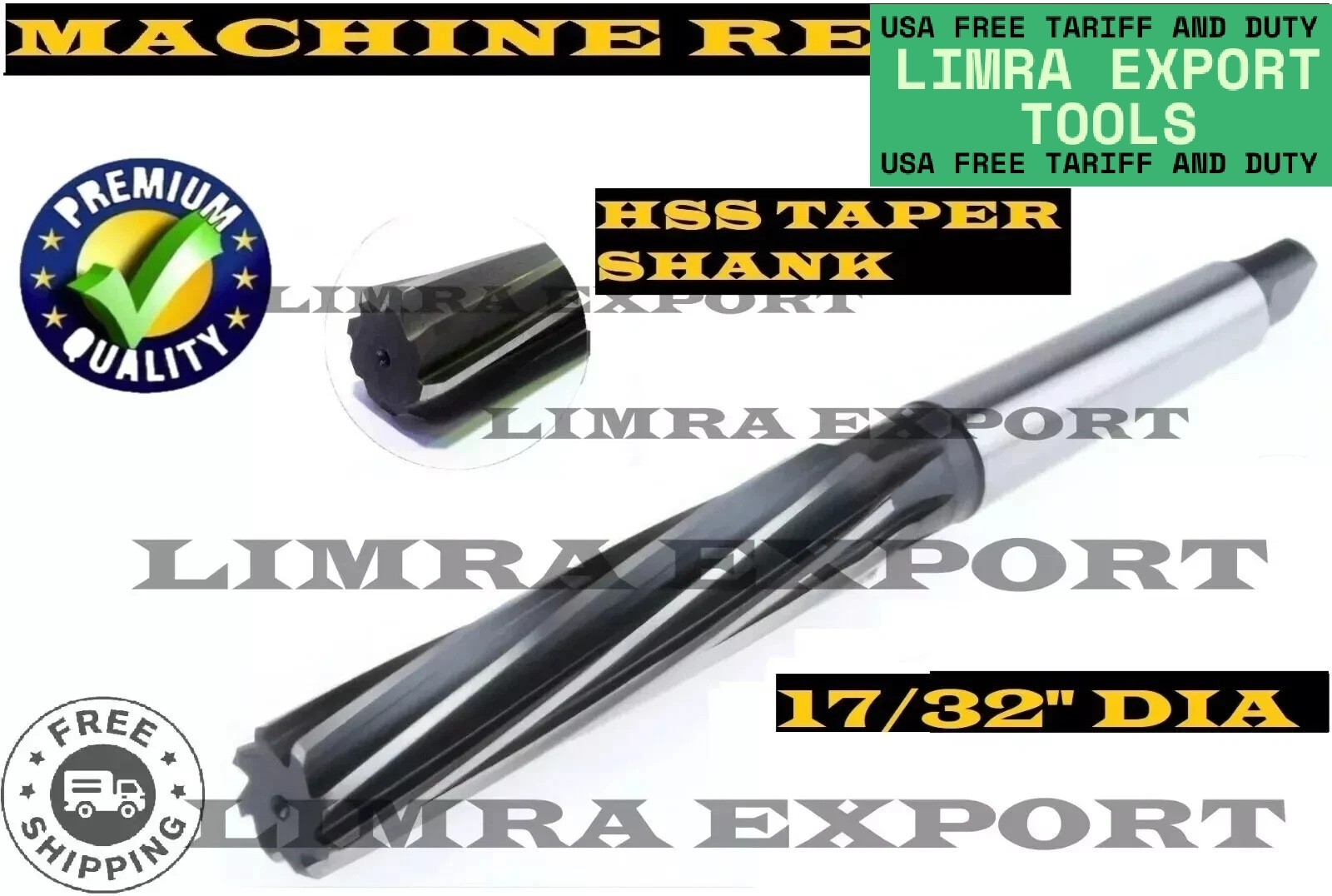 HSS Machine Reamer Dia17/32″ With Taper Shank MT 2-Cut Edge 3-3/16″-OAL 7-1/8″