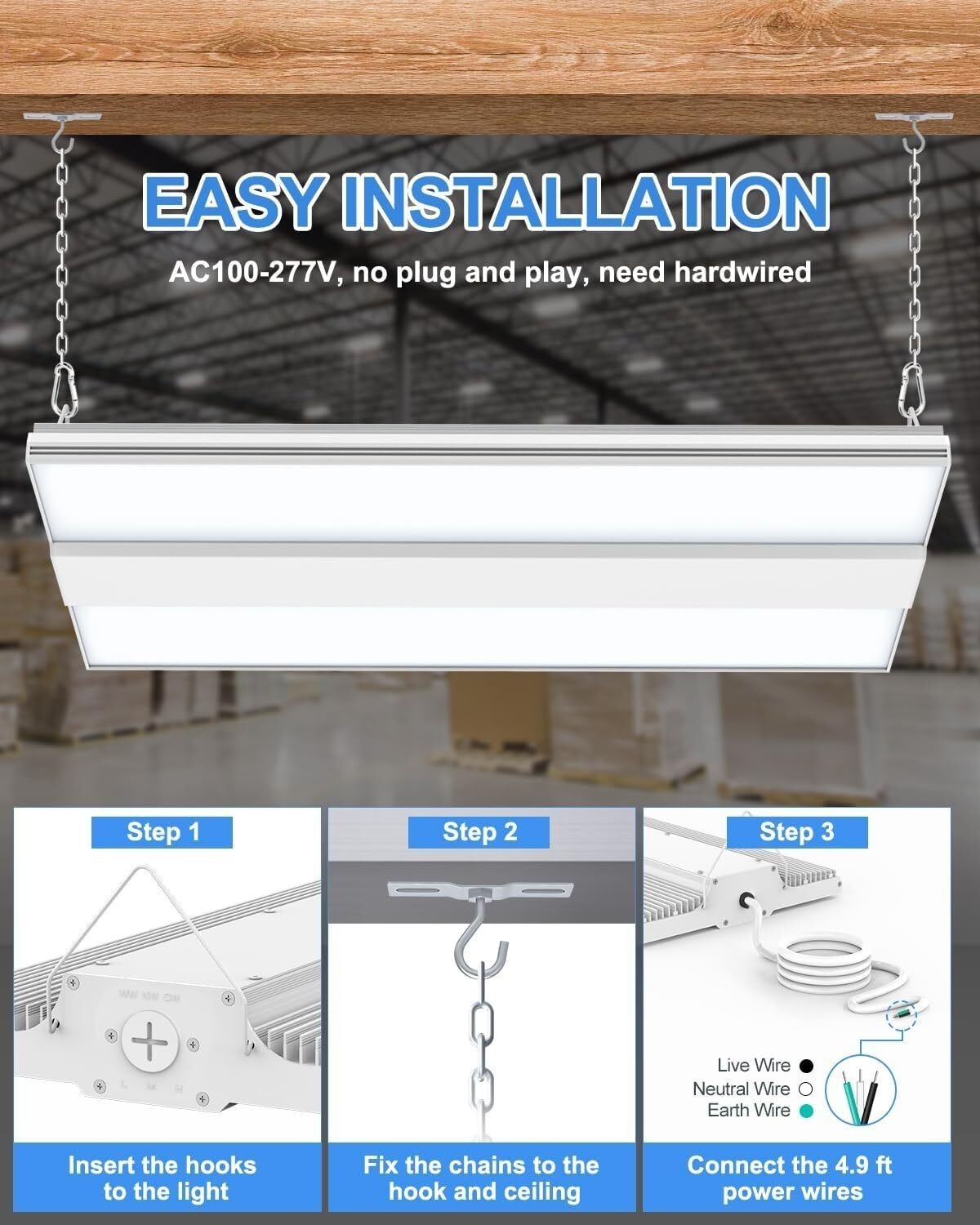 LED Linear High Bay Shop Light 4.5/5/5.7K 100-277 VAC Hanging Lamp 150W/120W/90W