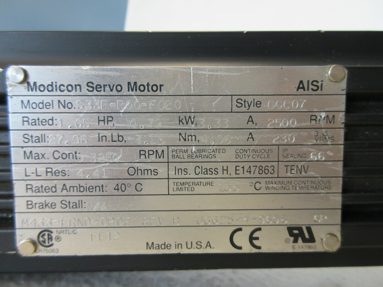 MODICON S33F-R00-F020 USED SERVO MOTOR 1.05 HP 2500 RPM S33FR00F020