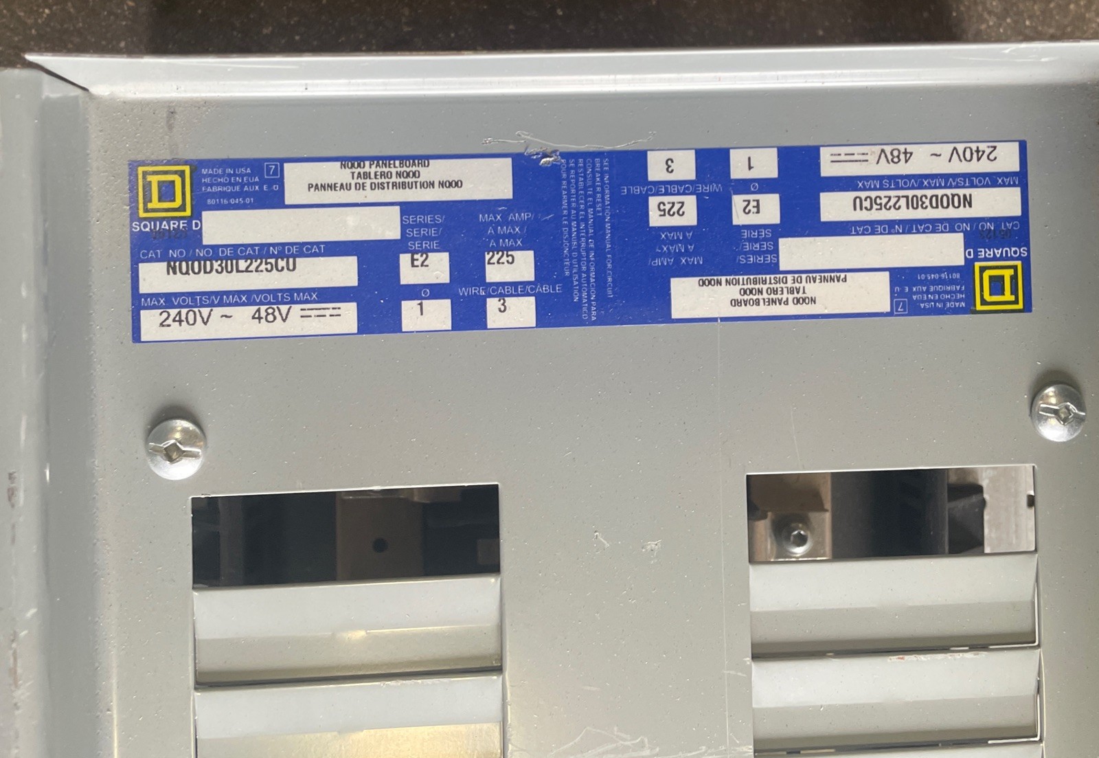 SQUARE D NQOD30L225CU /E2 NQOD PANELBOARD 240V 225A INSIDE ONLY