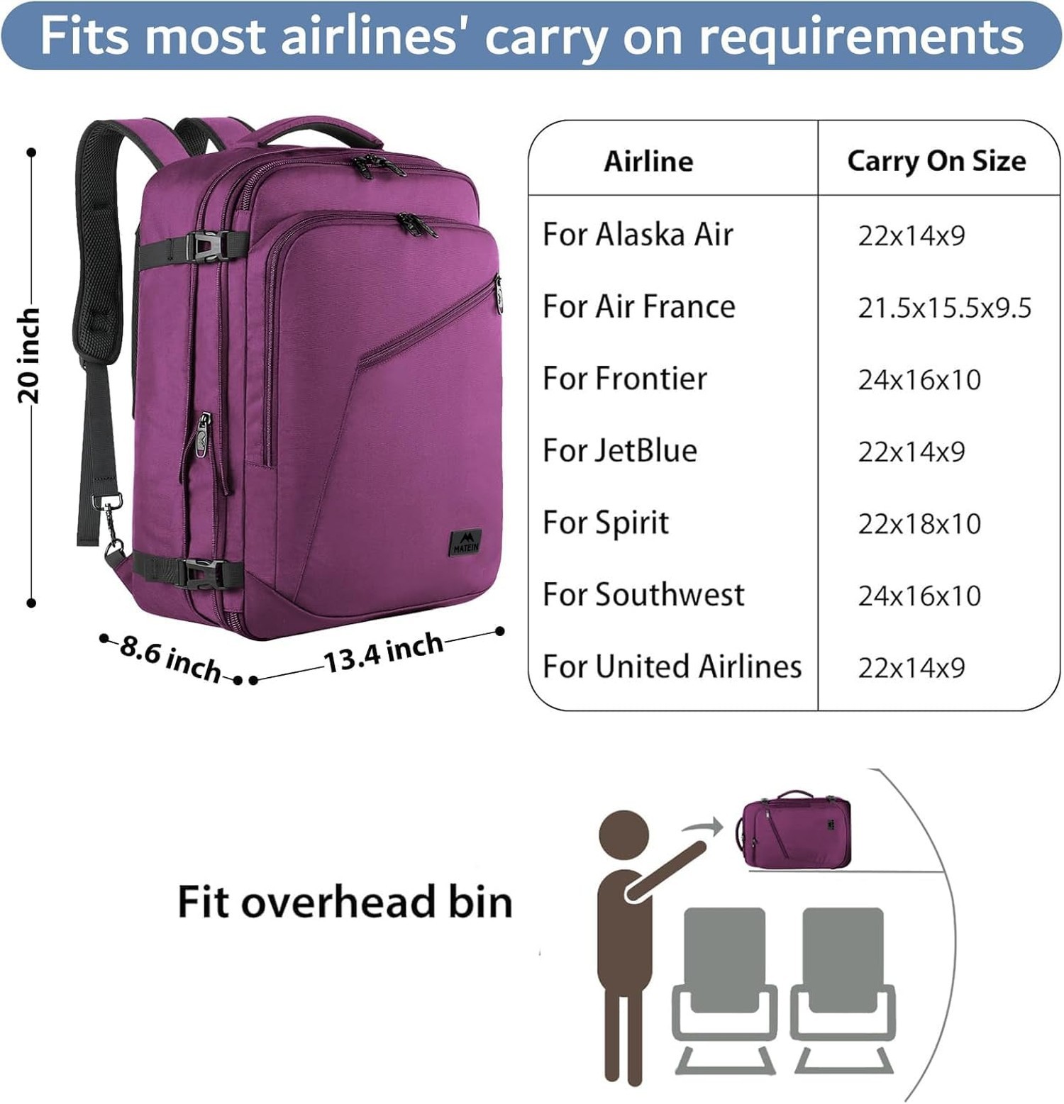MATEIN Large Purple Travel Backpack, Water Resistant Airplane Backpack for Wo…