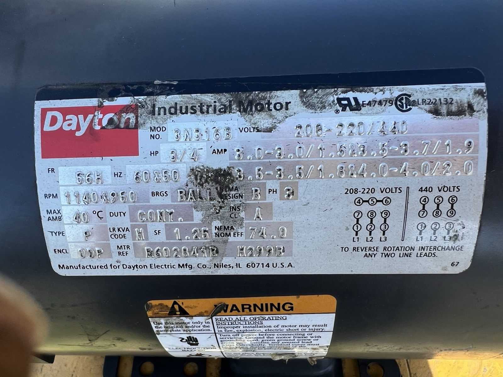 Dayton Ind Motor 3N316B AC Motor 3/4Hp 1140 & 950RPM 208-220/440V New Quick Ship