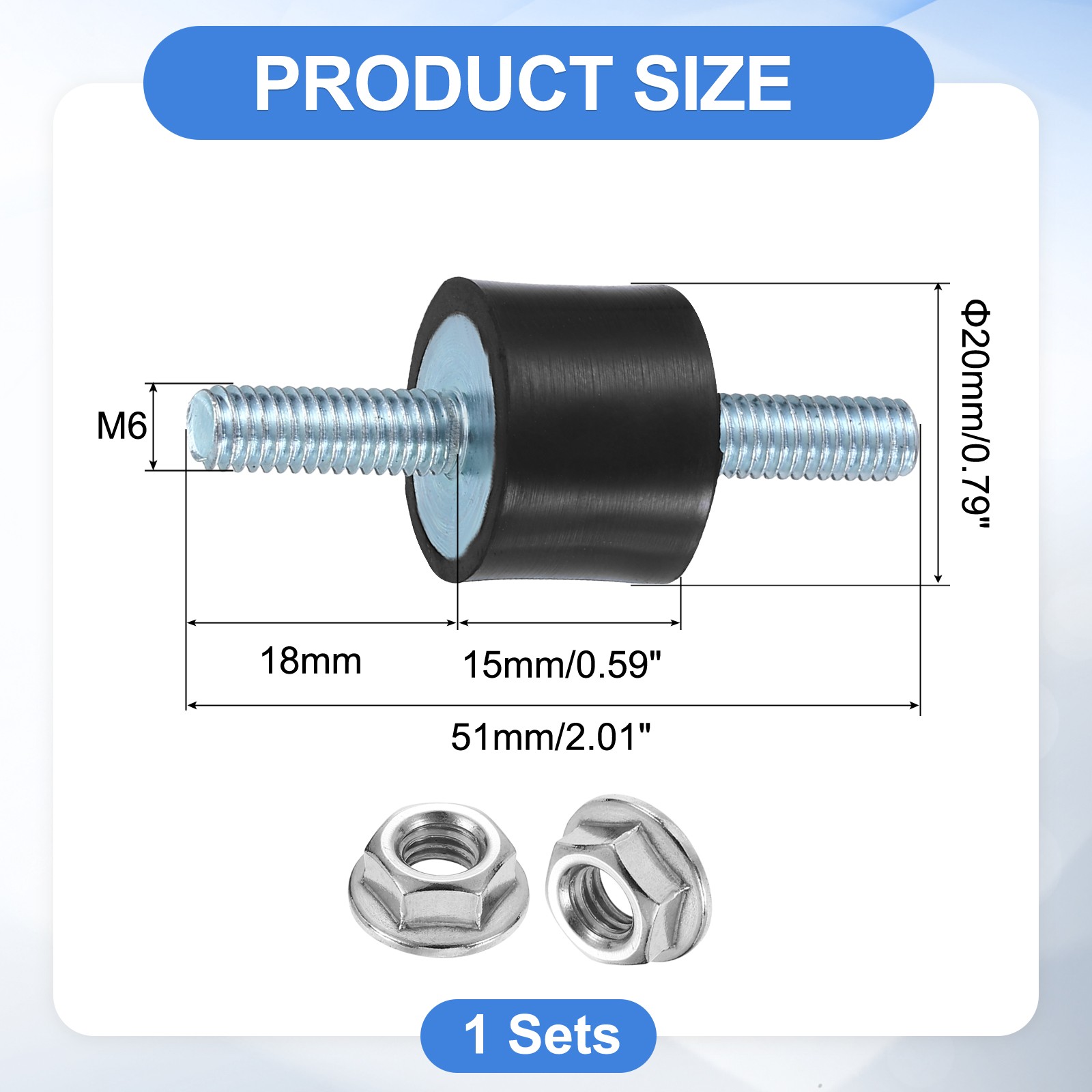 2Pcs, M6x18mm Rubber Mounts 15x20mm Rubber Vibration Isolator w/ Nuts