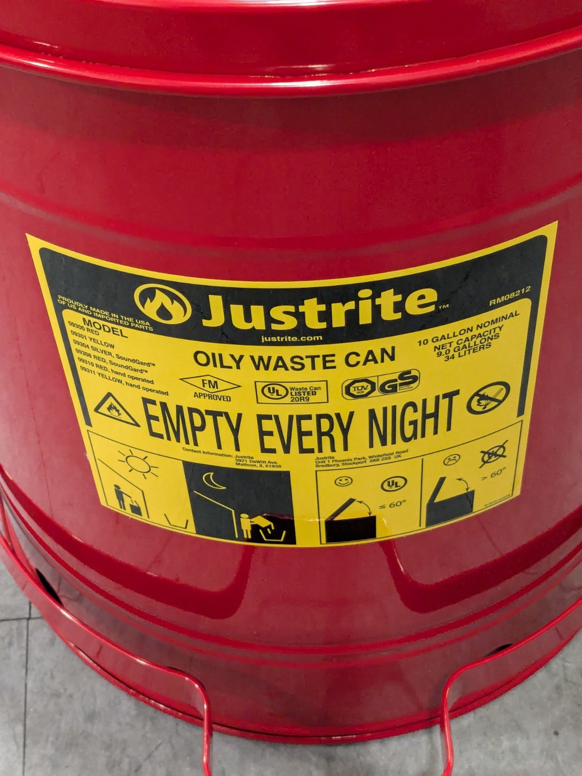 JUSTRITE Oily Waste Can: 10 gal, Steel, Foot Operated 09308