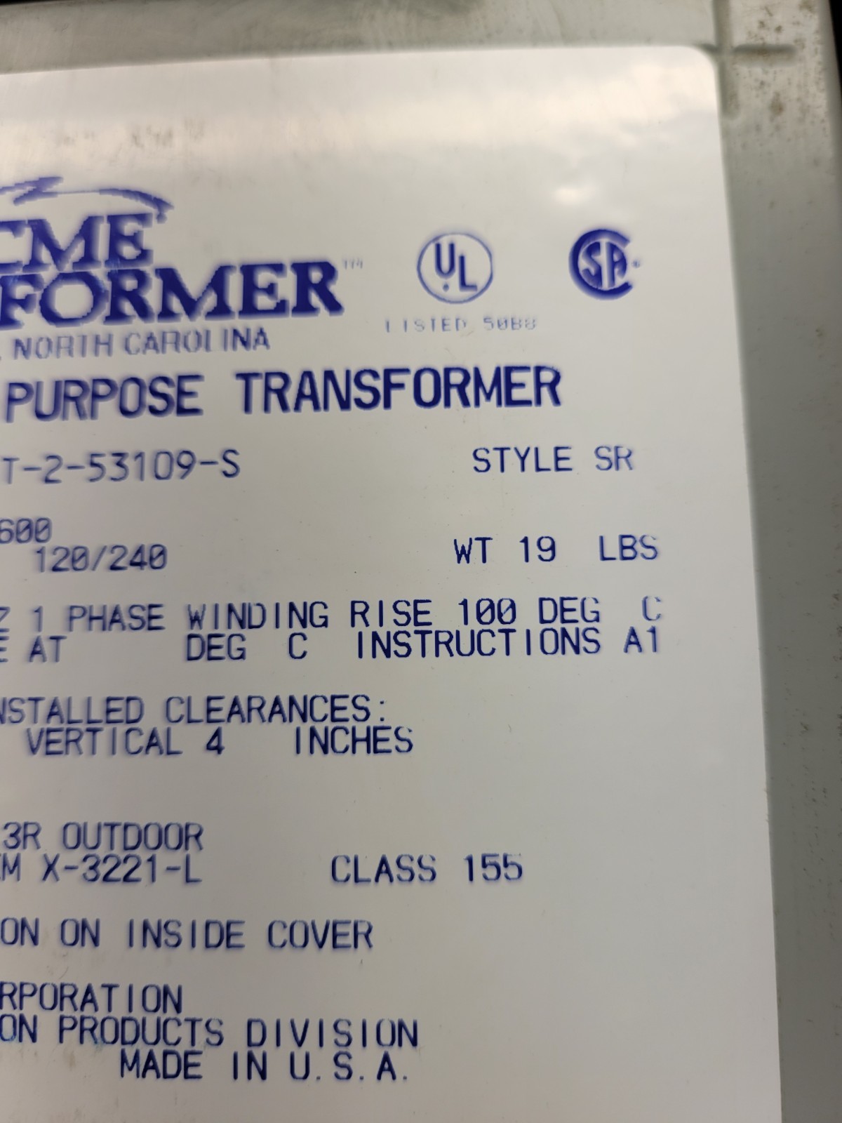 Acme Industrial Control Transformer #T-2-53109-S.