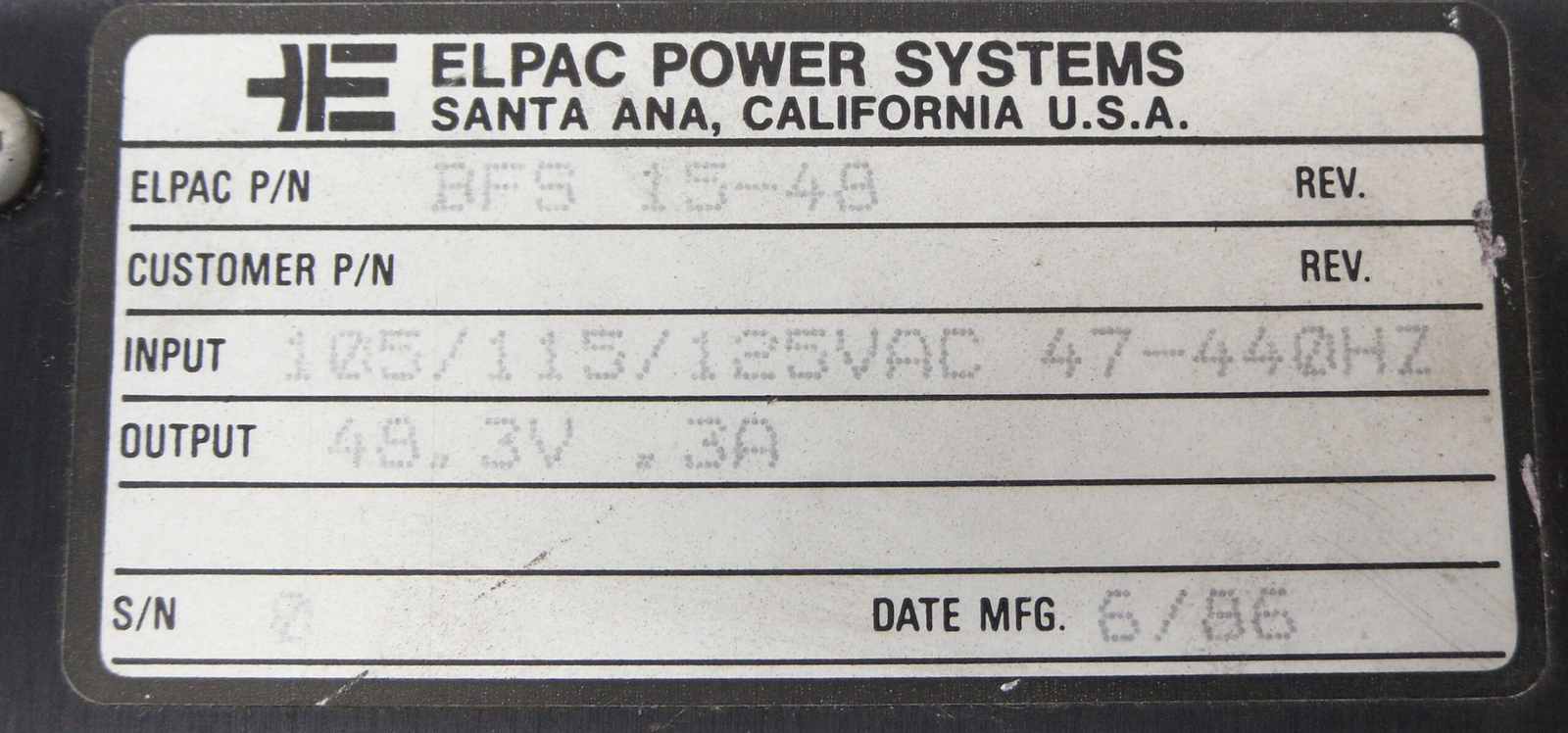 NEW ELPAC POWER SYSTEMS BFS 15-48 POWER SUPPLY 125VAC 47-440HZ