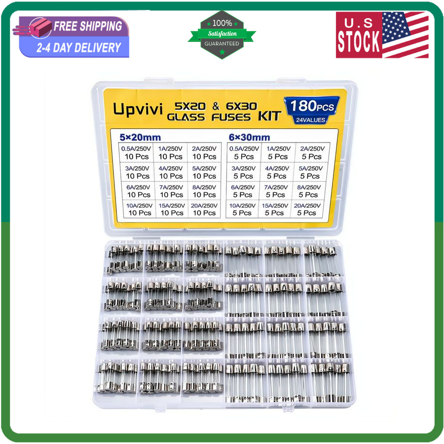 Fast Blow Glass Fuse Assortment Kit, 24 Values Glass Fuses 250V 5x20mm 0.5A