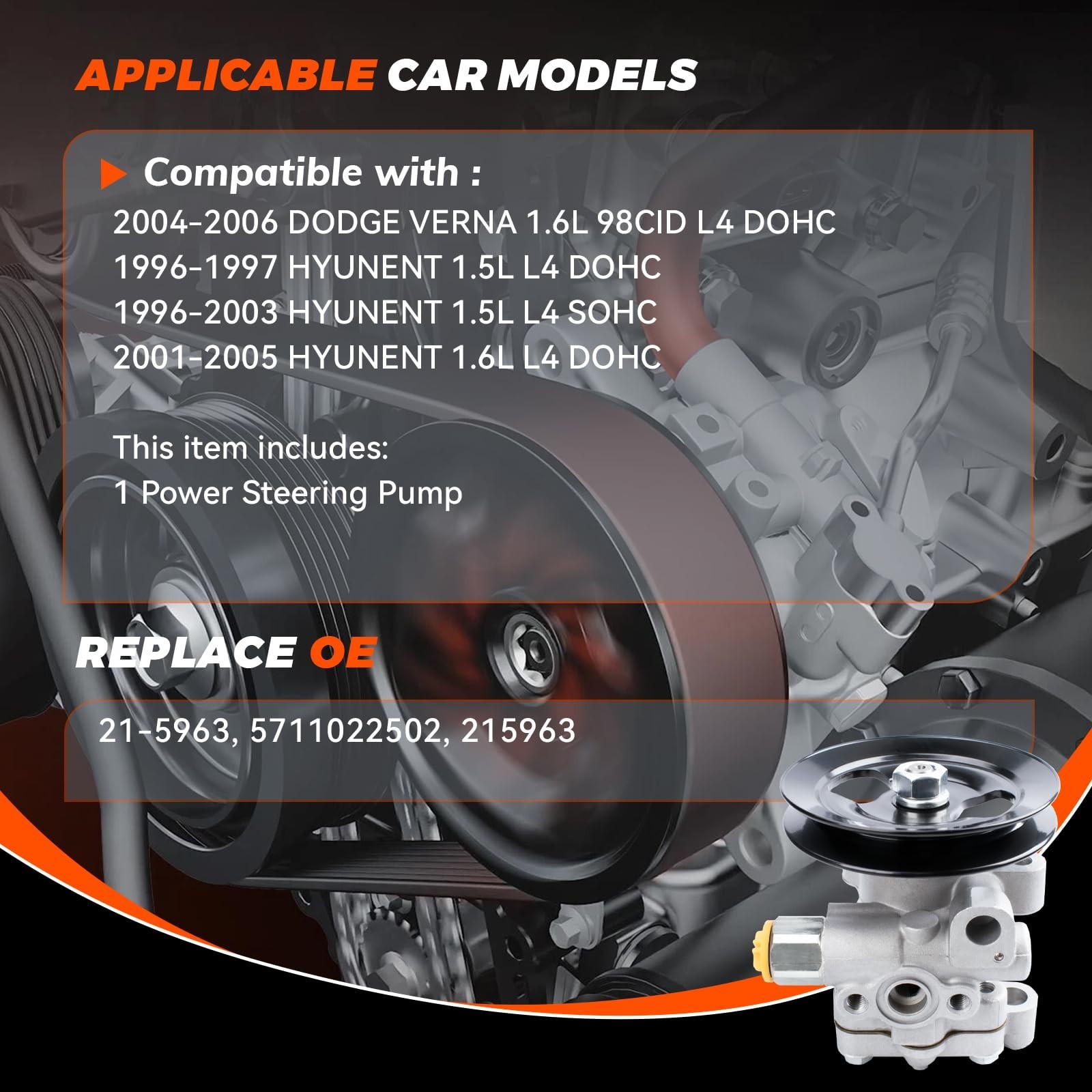 TorqNGo 21-5963 Power Steering Pump w/ Pulley Hyundai Accent Verna