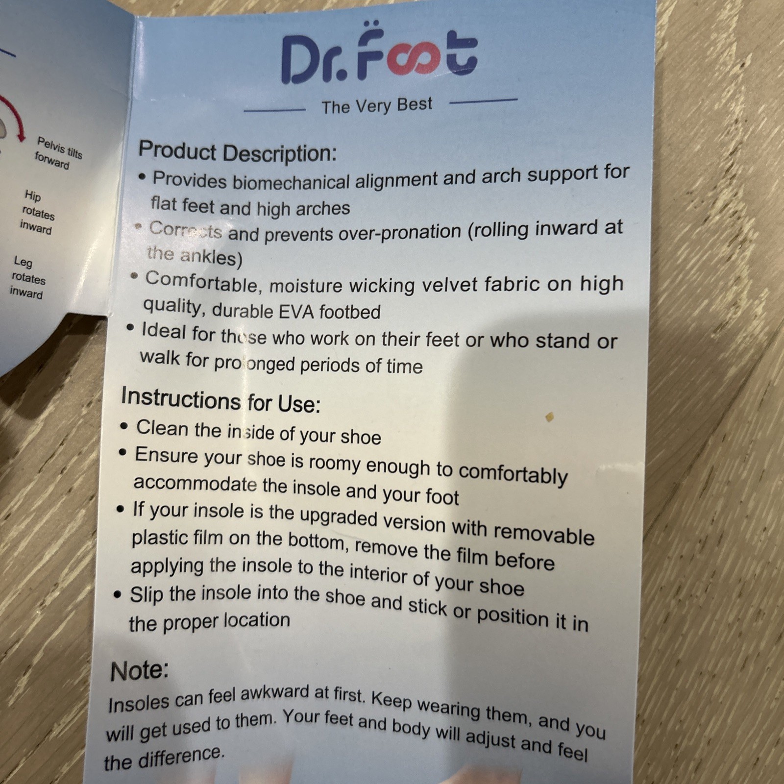 Dr. Foot 3/4 Length Orthotic Insoles – Women’s 10-12/Men’s 9-11 – NEW!!