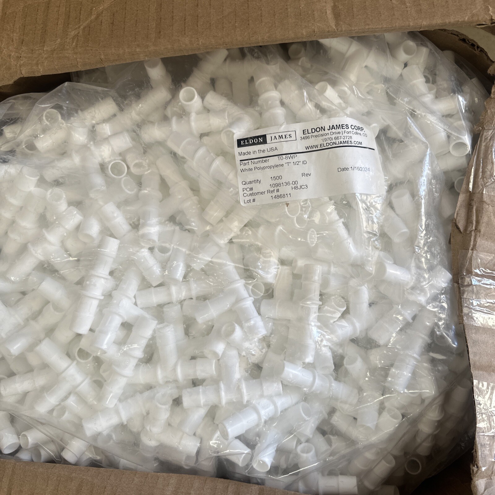 ELDON JAMES T0-8WP Tee,1/2 In,Barbed,Polypropylene, Box Of 1500