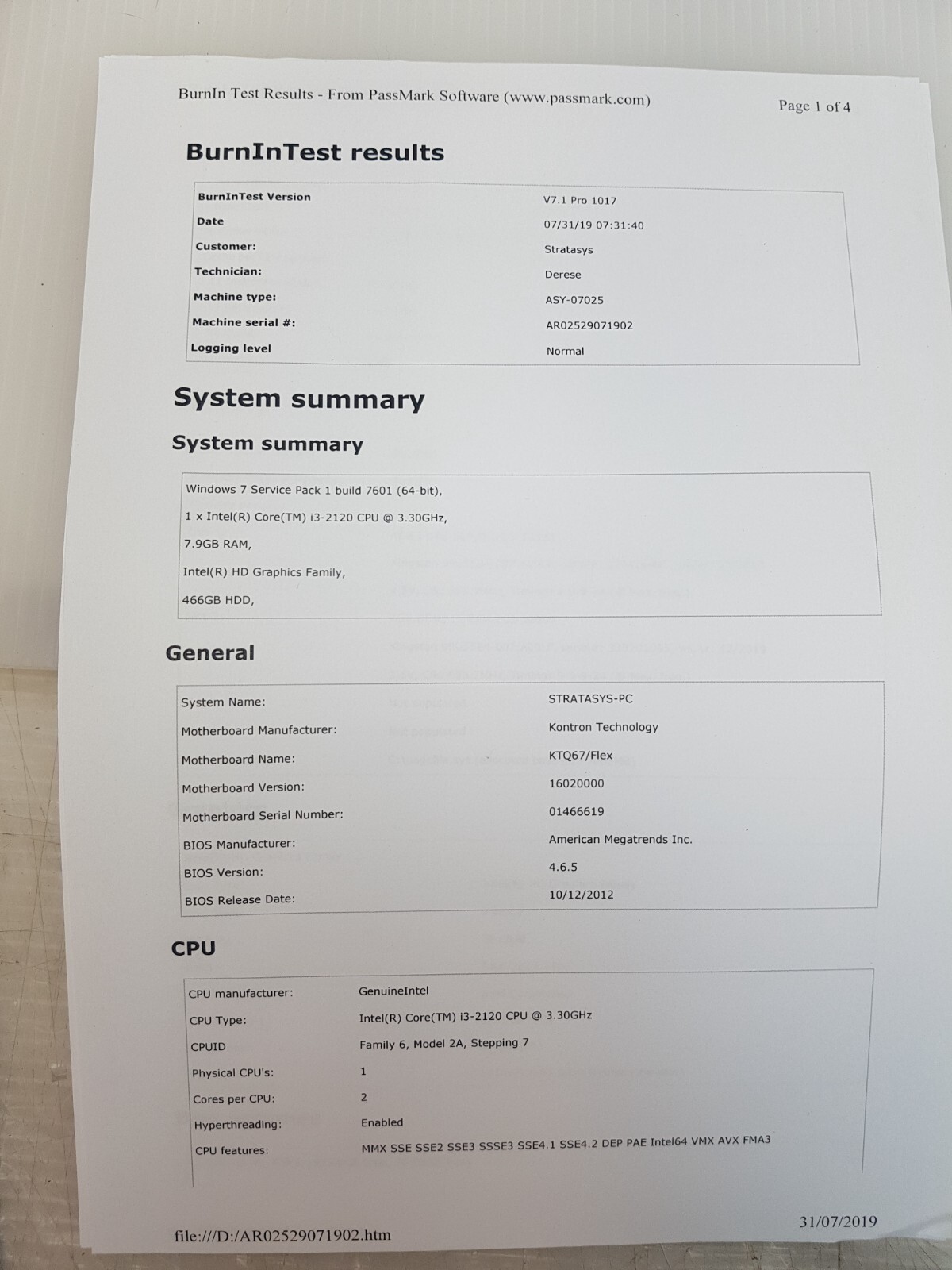 STRATASYS PC ASY-07025 REV. A KONTRON KTQ67/Flex