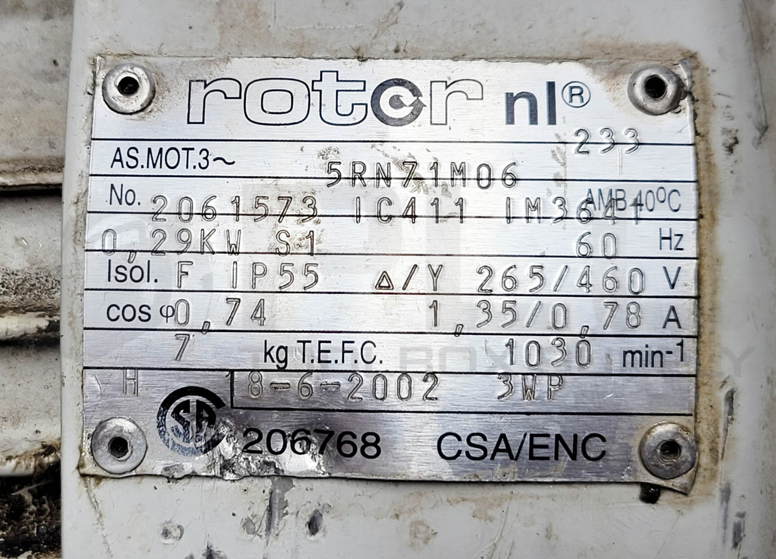 ROTOR-NL 5RN71M06 ELECTRIC MOTOR 265/460V 1.35-0.78A 1030RPM