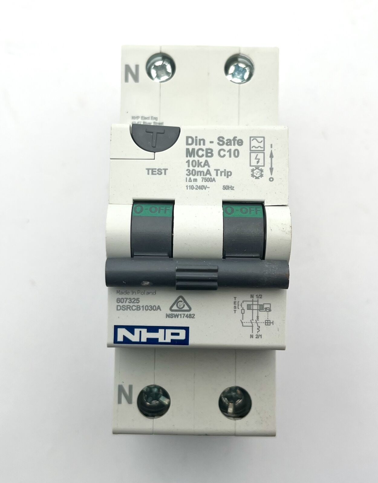 NHP DSRCB1030A Din-Safe MCB C10 10A 10kA 1P+N C Curve 30mA