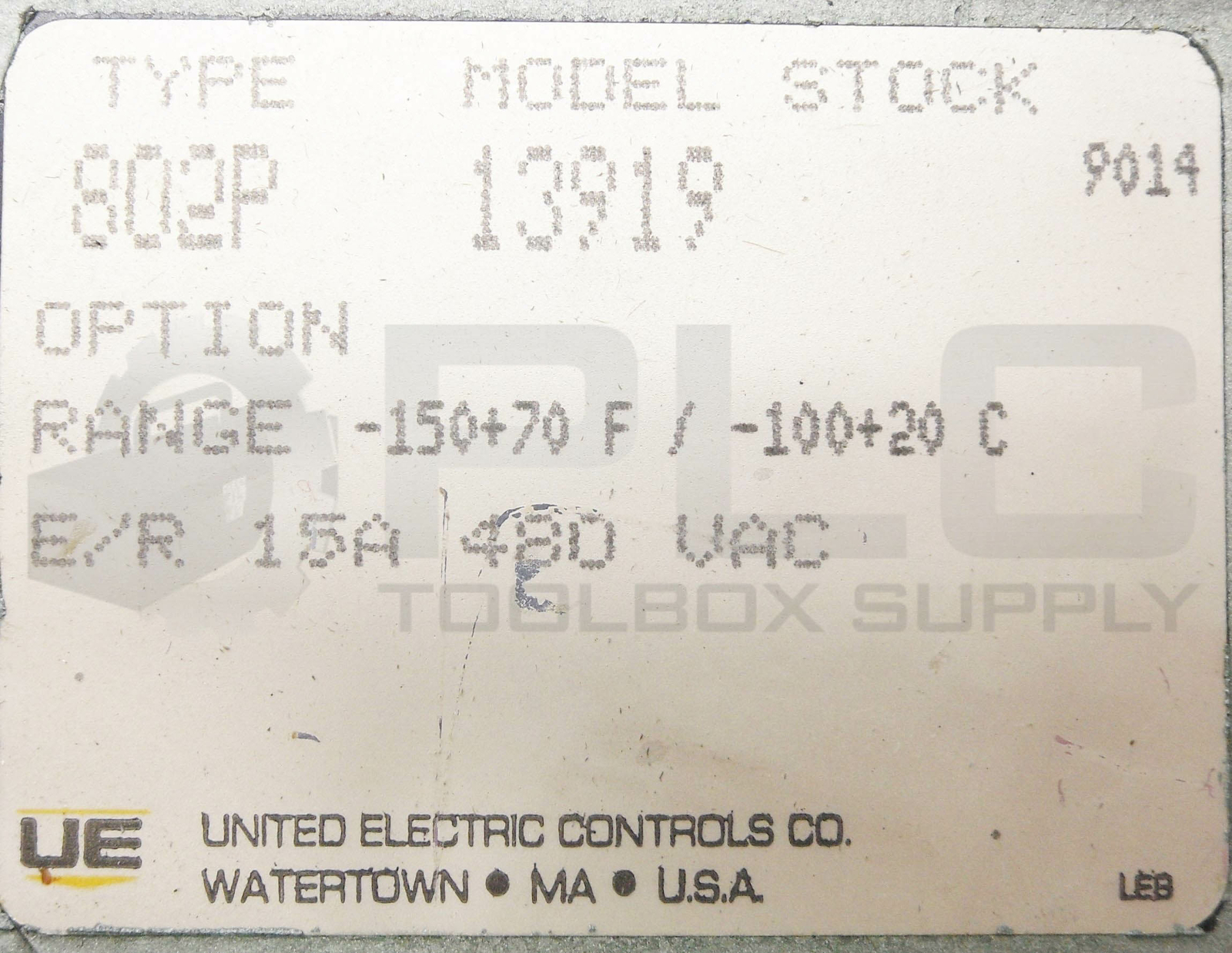 UNITED ELECTRIC 802P 13919 THERMOSTAT -150/70°F -100/20°C 15A 480V 802P13919