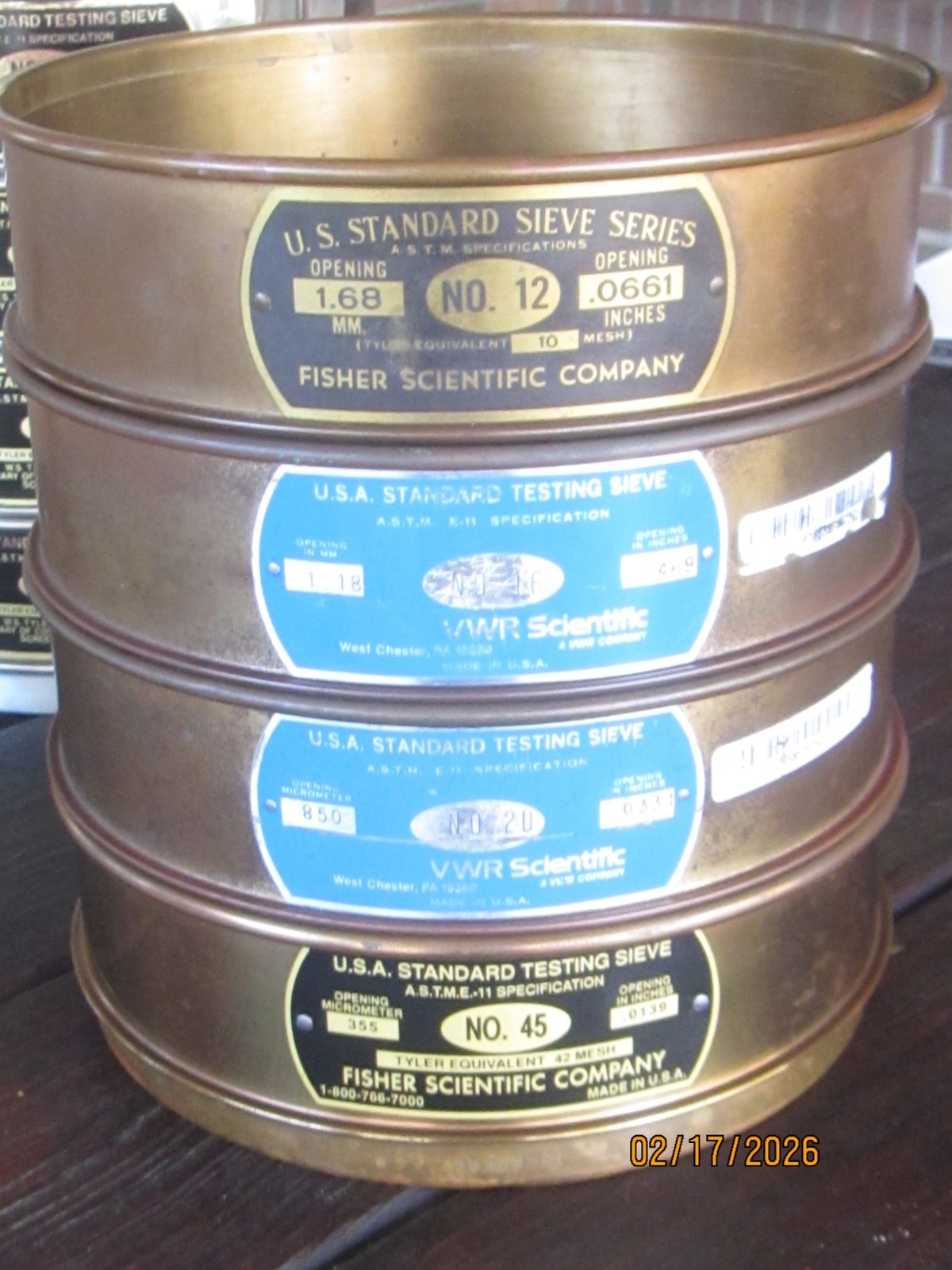 8″ full height brass lab sieves. Used. Fisher and VWR. Stack of 4. Sizes below.