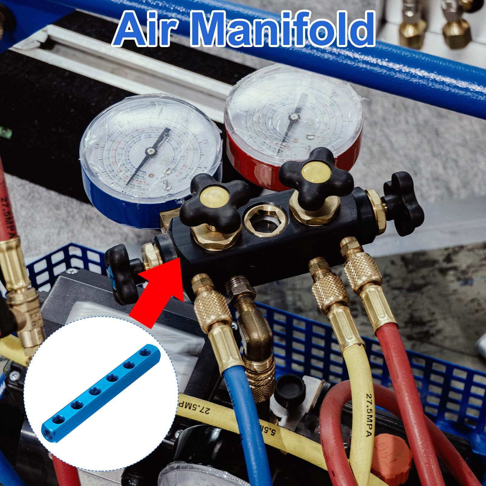 Blue 6-Way 9-Port Air Manifold 1/4in PT Pneumatic Compressor Block Splitter