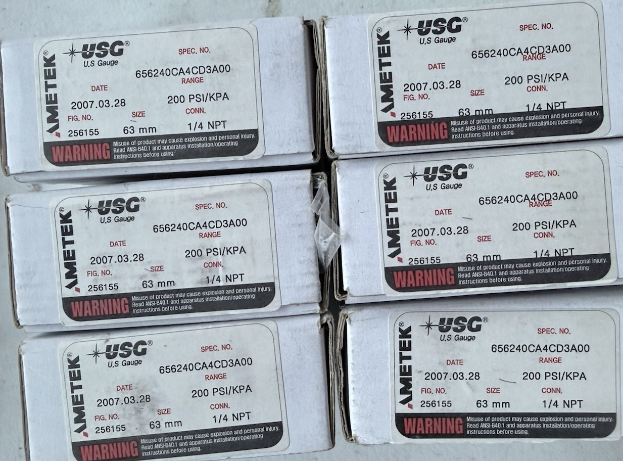 LOT OF 6, AMETEK USG GAUGE 256155, 200 PSI/KPA, 1/4″ NPT, SST, 656240CA4CD3A00