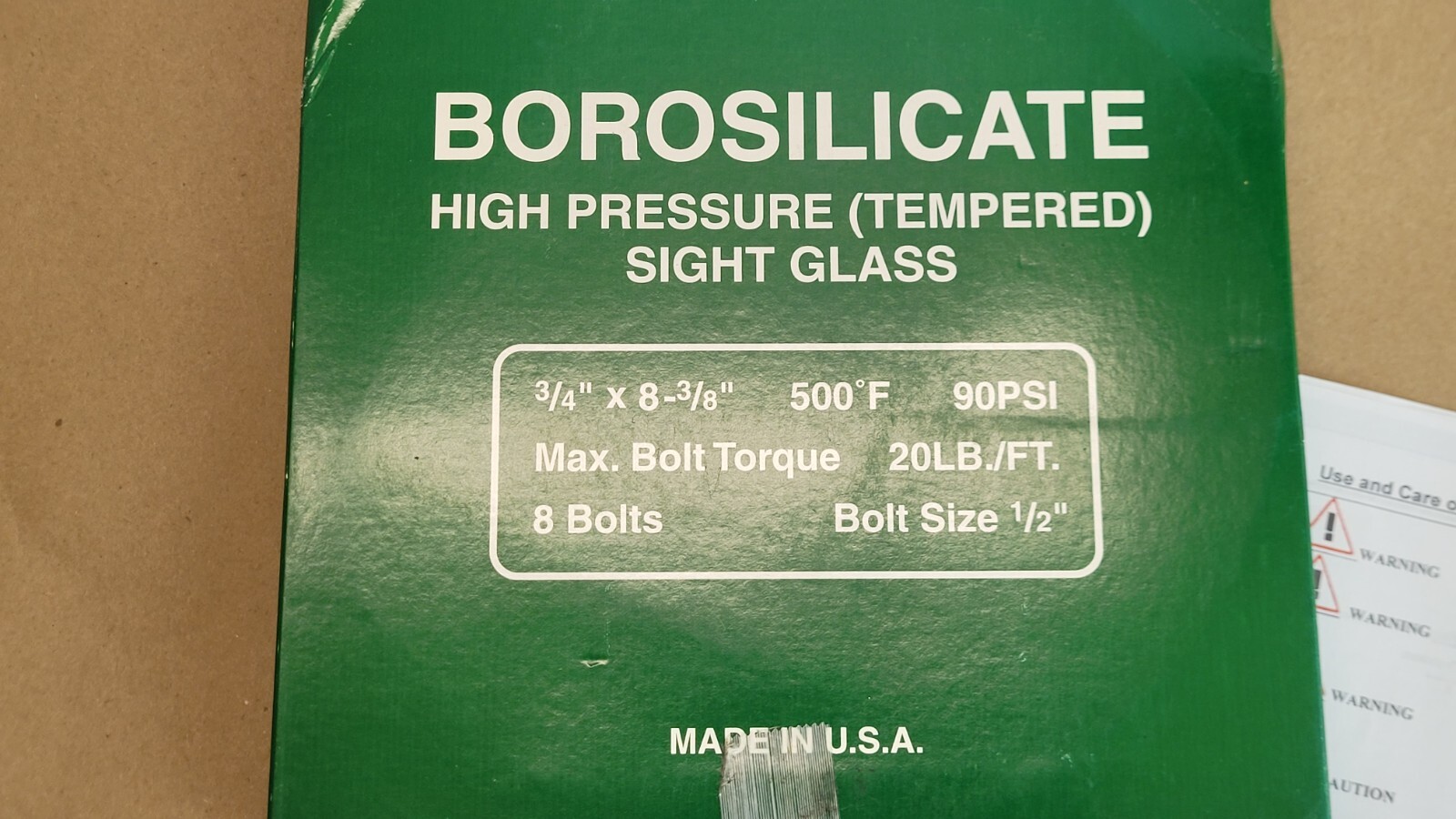 Borosilicate High Pressure Tempered Sight Glass 3/4″ x 8-3/8″ 500F 90PSI