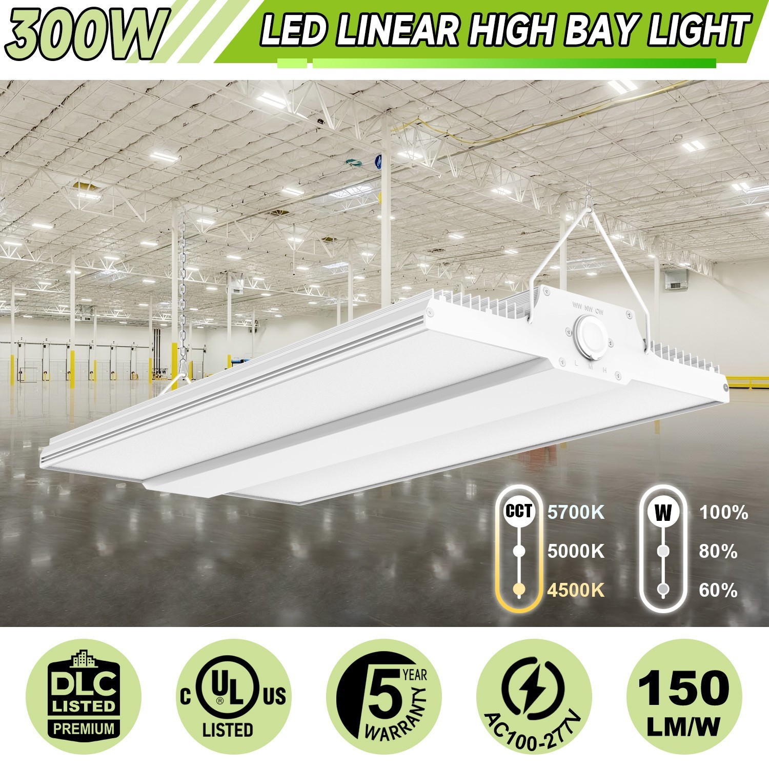 300W LED Linear High Bay Light Commercial Warehouse Shop Lighting 4.5K/5K/5700K