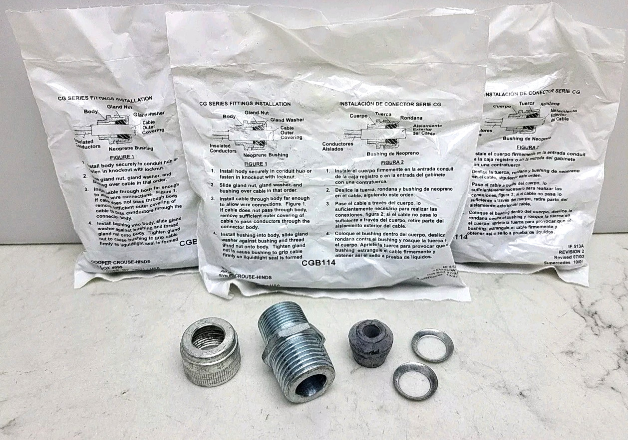 3 Pack Eaton Crouse-Hinds CGB114 Cable Gland 1/2 Male Cord/Cab Ftg Neo Bush