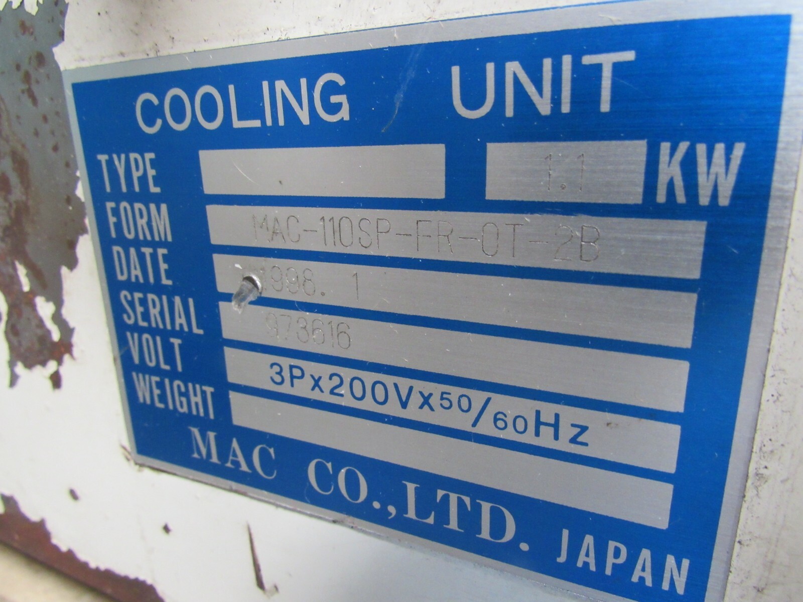 MAC COOLING MAC-110SP-FR-0T-2B 1.1KW 3P 200V, PARTS FROM OKUMA MX-60HB