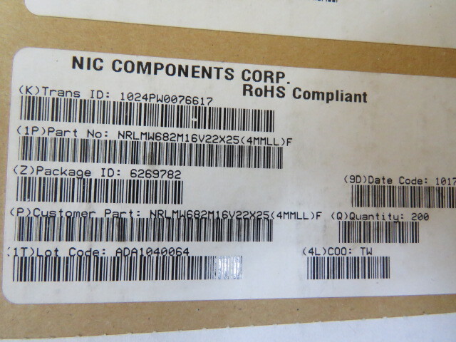 NIC COMPONENTS CORP NRLMW682M16V22X25(4MMLL)F Qty of 5 per Lot 6800 MFD 16V +/-