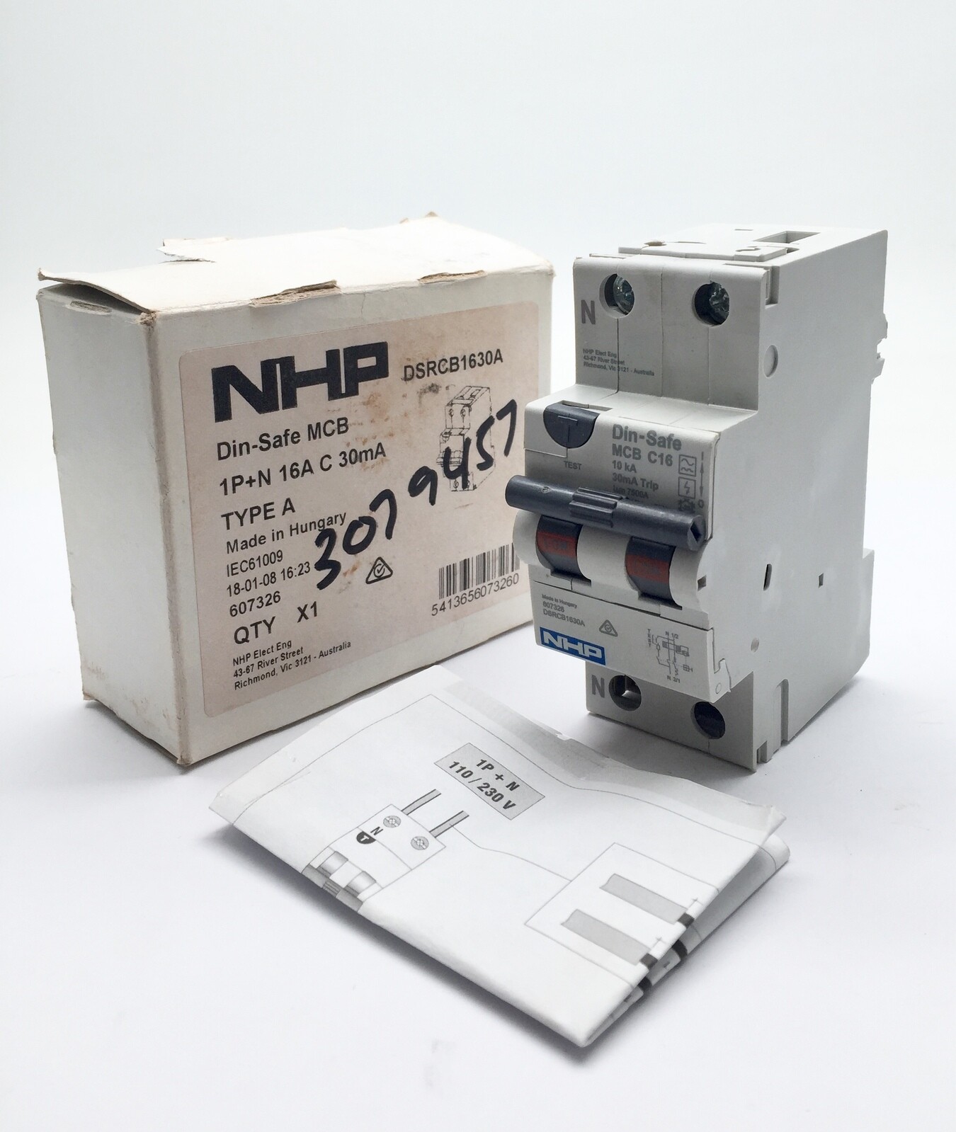NHP DSRCB1630A Din-Safe MCB C16 16A 10kA 1P+N C Curve 30mA