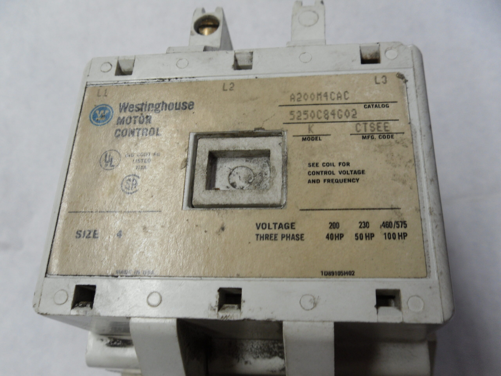 WESTINGHOUSE A200M4CAC MOTOR CONTROL W/ 5250C79G01 COIL W/ BA43A /A RELAY