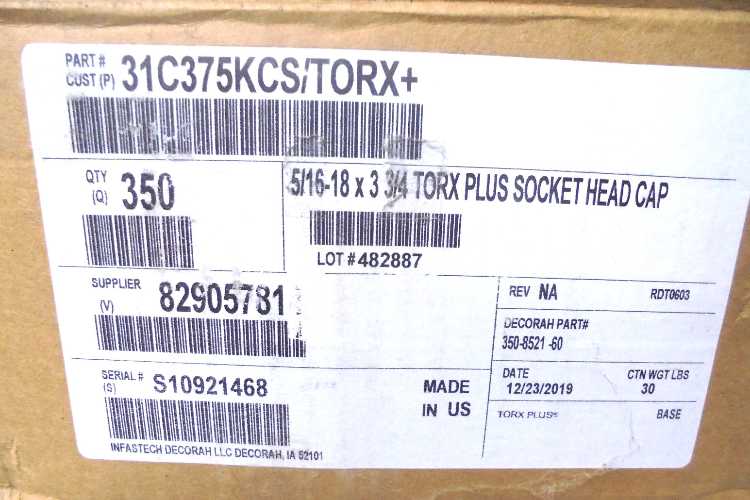350 Torx Plus SHC Bolts / Screws 5/16-18 x 3-3/4″ Stanley 31C375KCS/TORX+