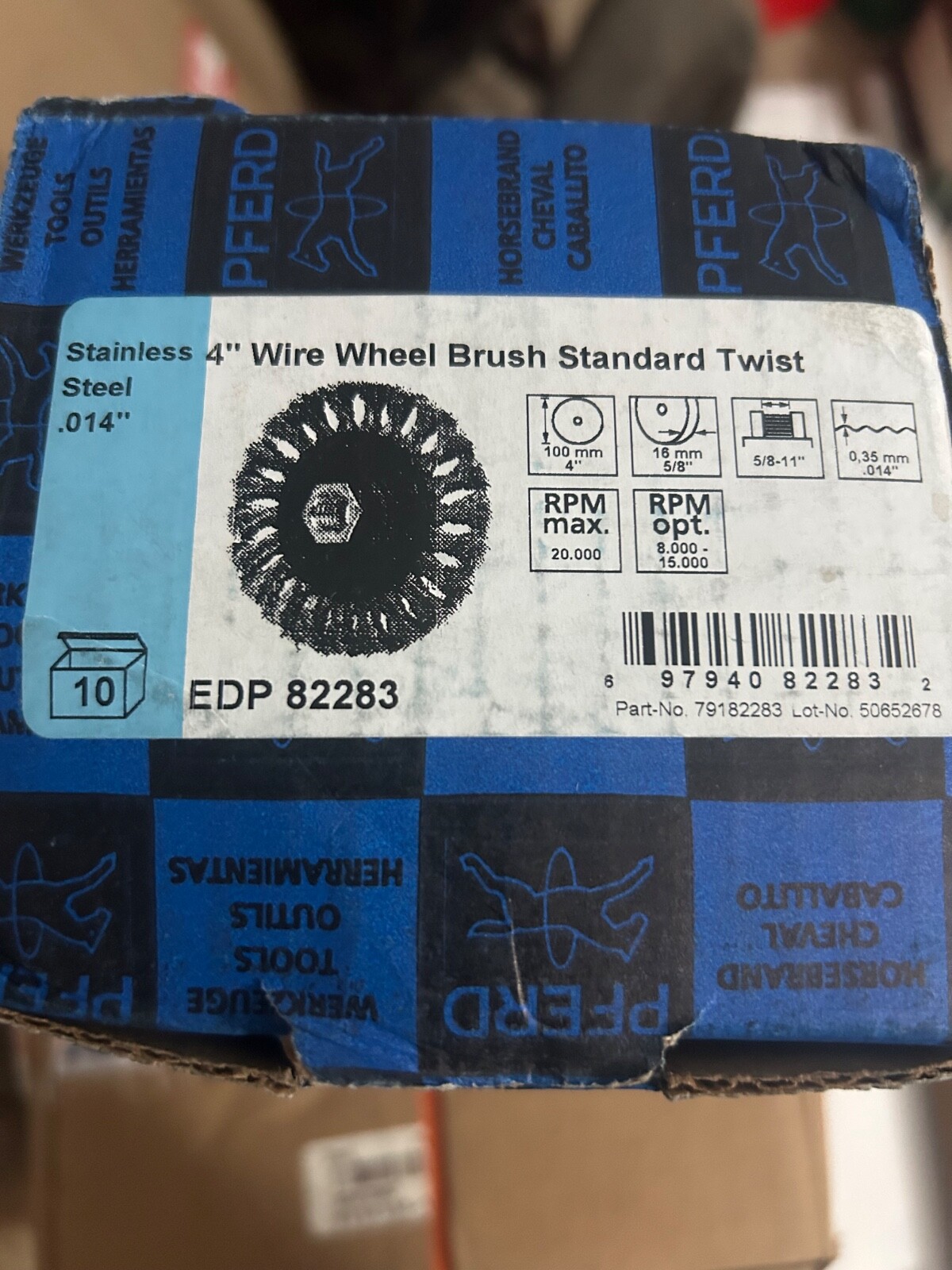 Box 10-Pferd P.O.P. 4in Standard Twist Knot Wheel – .014 SS Wire 5/8-11 Thread I