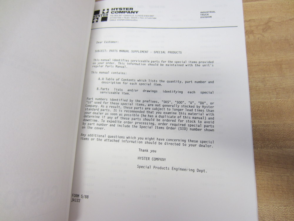 Hyster E100XL2S Special Products Parts Manual Customer Copy Hy-E100XL2S